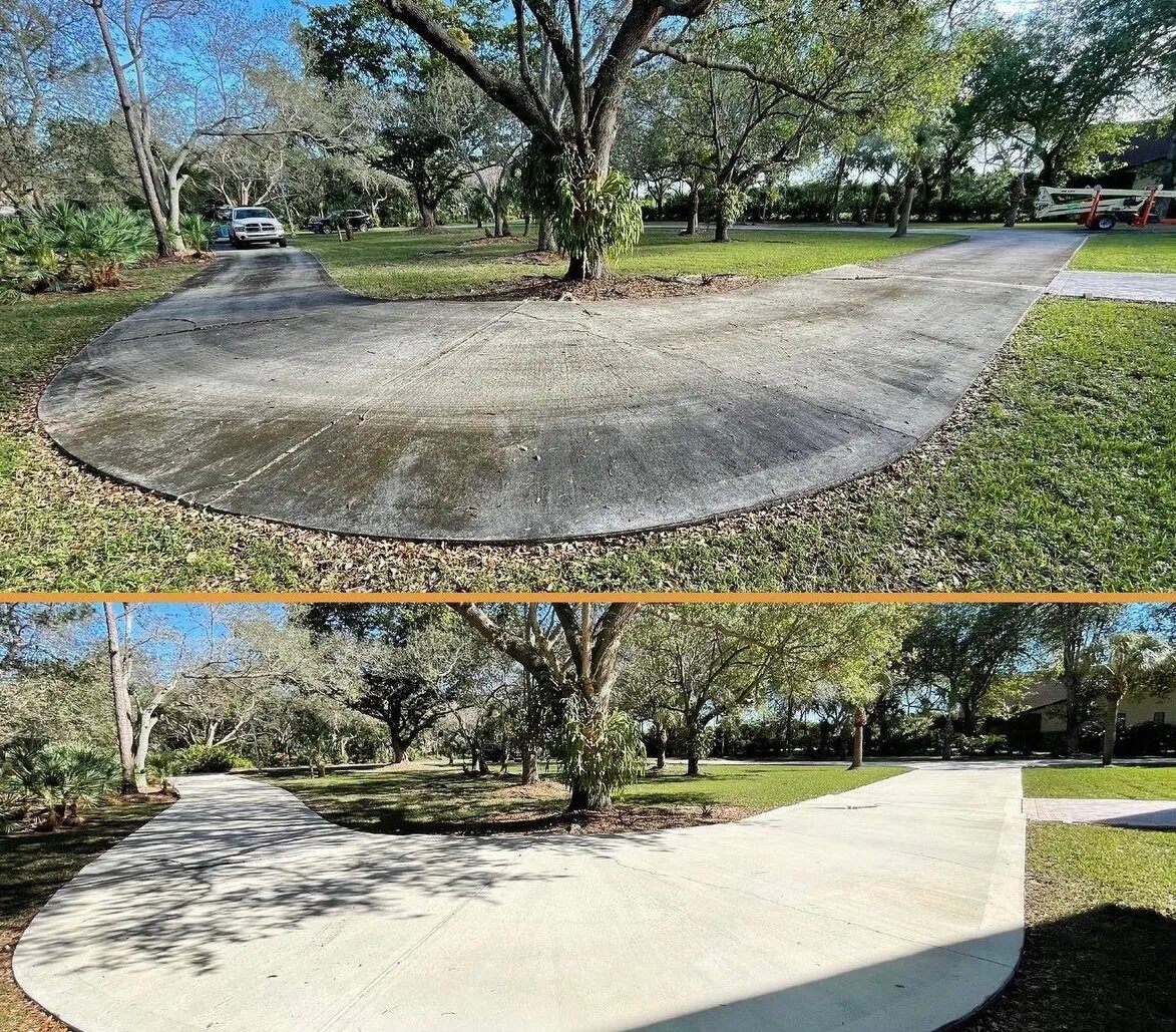 Driveway pressure washing, before and after