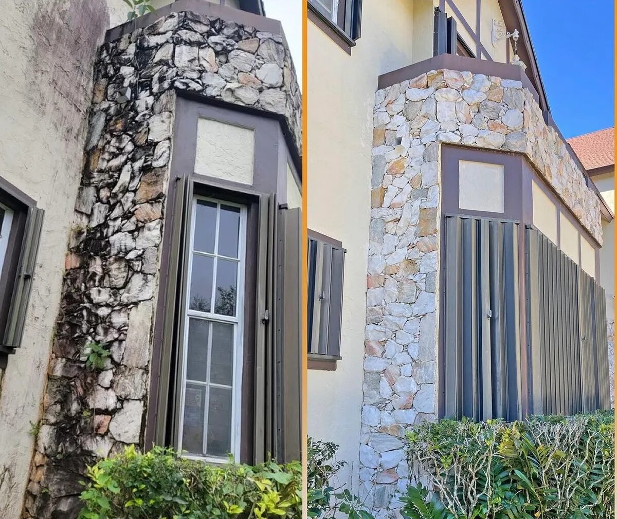 Stone entryway cleaning, before and after