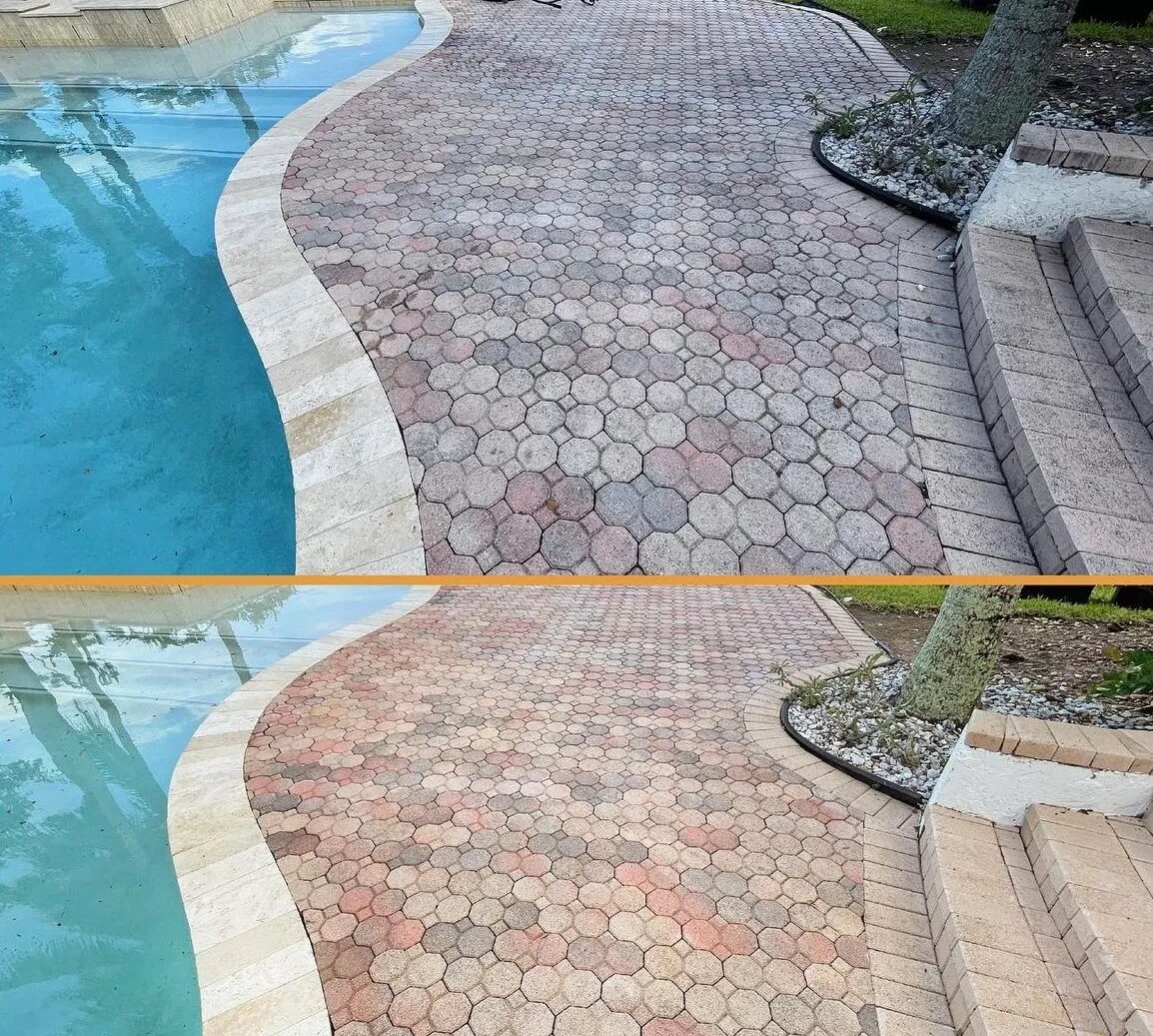 Pool paver cleaning, before and after